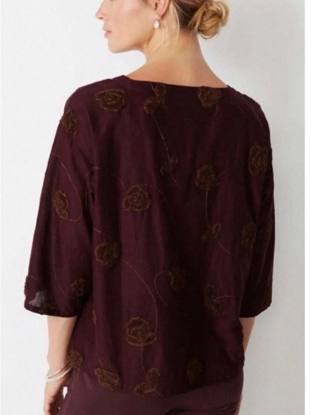 J. Jill Deep Plum Embroidered Floral Boxy Tunic 100% Cotton - Picture 2 of 8
